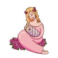 A delicate vector illustration of attractive young blonde woman embracing her black newborn sleeping baby