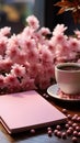 Delicate vignette, pink table hosts notebook, flowers, and coffee in charming display