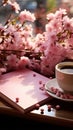 Delicate vignette, pink table hosts notebook, flowers, and coffee in charming display