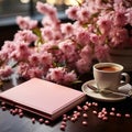 Delicate vignette, pink table hosts notebook, flowers, and coffee in charming display