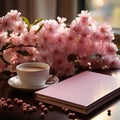 Delicate vignette, pink table hosts notebook, flowers, and coffee in charming display