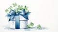 Delicate Watercolor Blue Box Label With Green Shamrock Leaves