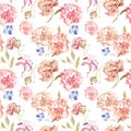 Delicate watercolor floral seamless pattern with pink and beige roses and peony flowers on white background. Chinese style. Royalty Free Stock Photo