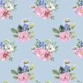 Watercolor pink floral seamless pattern on pastel blue background. Bright botanical print with pink spring flowers Royalty Free Stock Photo