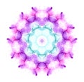 Delicate watercolor flower mandala pattern in pink, violet and turquoise tones isolated on white background.