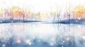 Delicate Watercolor Frozen Pond with Christmas Lights Reflecting on the Surface AI Generated