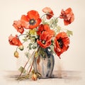 Delicate Watercolor Illustration Of Red Poppies In A Vase Royalty Free Stock Photo