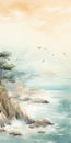 Delicate Watercolor Landscape: Serene Cliff With Trees And Avian Illustrations