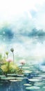 Delicate Watercolor Landscape: Serene Wetland Artwork With Pink Lily Pads Royalty Free Stock Photo