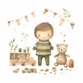 Delicate Watercolor Landscapes: A Charming Boy And His Stuffed Animal Royalty Free Stock Photo