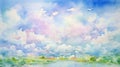 Delicate Watercolor Painting Of Beautiful Sky And Lake Royalty Free Stock Photo