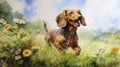 Delicate Watercolor Painting Of A Dachshund Running With Flowers