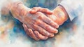 Delicate watercolor painting of a pair of clasped hands with soft lighting.. Royalty Free Stock Photo