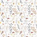 Delicate watercolor seamless pattern featuring autumnal leaves, berries, and flowers isolated on white background