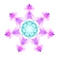 Delicate watercolor snowflake mandala pattern in pink, violet and turquoise tones isolated on white background. Royalty Free Stock Photo