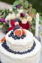 Rustic wedding white cake decorated with figs, blueberries Royalty Free Stock Photo