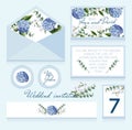 Delicate wedding invitation in blue color with hydrangeas, cotton flowers and eucalyptus branches. Vector illustration.