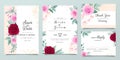 Delicate wedding invitation card template set with watercolor floral and glitter decoration. Roses and leaves botanic illustration