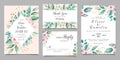 Delicate wedding invitation card template set with watercolor floral and gold glitter decoration. Flowers and leaves botanic