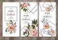 Delicate wedding invitation with English roses, eucalyptus, flowers and frames in watercolor style. Vector.