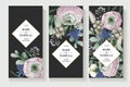 Delicate wedding invitation with ranunculus, eucalyptus and wild flowers . Vector.