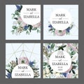 Delicate wedding invitation with ranunculus, eucalyptus and wild flowers . Vector.
