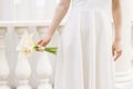 Delicate white bouquet of calla lilies in the hands of the bride at the wedding Royalty Free Stock Photo