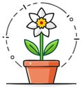 Delicate white flower in a terracotta pot with green leaves and dashed circle illustration Royalty Free Stock Photo