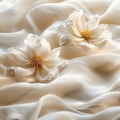 Delicate white flowers on soft, flowing white satin fabric, with a gentle curve and muted tones