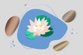 Delicate white lotus flower, water lily, water, stones. 3D image of stones, flowers. Vector illustration for spa salons, yoga Royalty Free Stock Photo