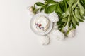 Delicate white peonies and cake on a white background