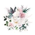 Delicate white peony, cream white magnolia, pink rose and hydrangea, astilbe flower