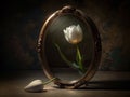 A Delicate White Tulip Reflects Gracefully in a Mirror Captured in a Stunning LowLight Still Life The interplay Royalty Free Stock Photo