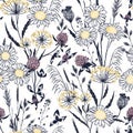 Delicate wild meadow print - seamless vector background. Vector seamless pattern with daisies, clovers, wild grass on Royalty Free Stock Photo
