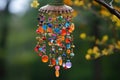 a delicate wind chime made of tiny bells and colorful beads Royalty Free Stock Photo