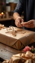 Delicate wrapping: Close-up reveals confectioner\'s hands carefully adorning cardboard box with finesse.