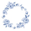 Delicate wreath with watercolor roses on a white background in indigo tones Royalty Free Stock Photo