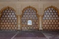 Delicately carved jali perforated stone or latticed screen of Sheesh Mahal, Amber Palace, Jaipur,