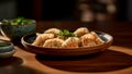 Delicately crafted dumplings grace the plate. A delicious dining. Generative AI