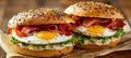 Delicately poached eggs atop gourmet sandwich in captivating professional food photography