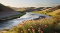 Delicately Rendered Landscapes: The River Over Sand Dunes With Pink Flowers Royalty Free Stock Photo