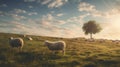 Delicately Rendered Sunset Landscape With Grazing Sheep Royalty Free Stock Photo