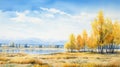 Delicately Rendered Watercolor Autumn Scene With A Lake