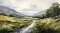 Delicately Rendered Watercolor Painting Of A Scottish Mountain Trail