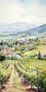 Delicately Rendered Watercolor Painting Of Vineyards And Village