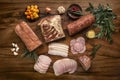 Delicatessen cold cuts sausage and ham selection on wood table Royalty Free Stock Photo