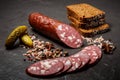 Delicatessen dry salami sausage with rye bread and pickled cucumbers Royalty Free Stock Photo