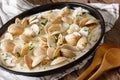 Delicatessen food: clams stewed in cream with garlic and greens Royalty Free Stock Photo