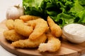 Delicatessen shrimp in breaded closeup with salad, garlic and sauce Royalty Free Stock Photo