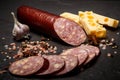 Delicatessen sliced cheddar summer sausage with cheese and garlic Royalty Free Stock Photo